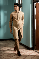 Grey textured bandhgala with beige long shirt kurta and beige trousers - Kunal Anil Tanna