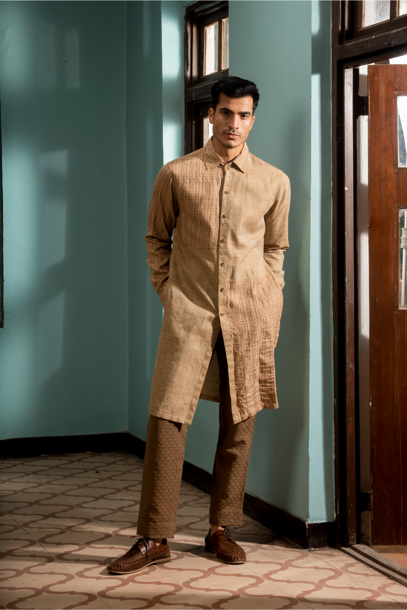 Grey textured bandhgala with beige long shirt kurta and beige trousers - Kunal Anil Tanna