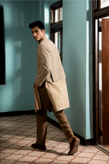Grey textured bandhgala with beige long shirt kurta and beige trousers - Kunal Anil Tanna