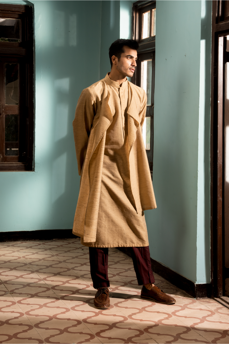 Beige textured jacket with beige layered kurta and maroon aligarhi - Kunal Anil Tanna