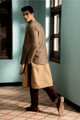 Beige textured jacket with beige layered kurta and maroon aligarhi - Kunal Anil Tanna