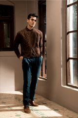 Brown textured asymmetrical jacket with brown short kurta and pants - Kunal Anil Tanna