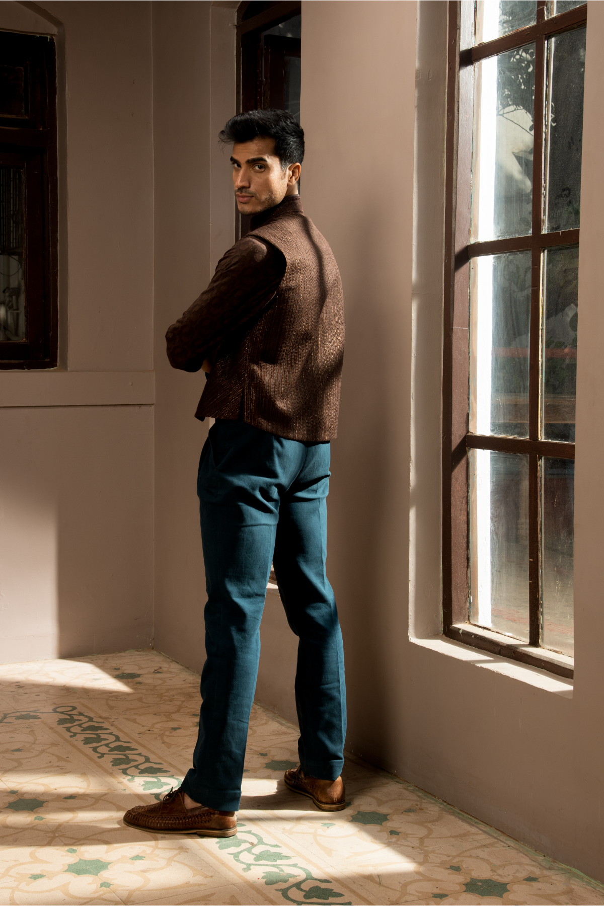 Brown textured asymmetrical jacket with brown short kurta and pants - Kunal Anil Tanna