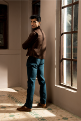 Brown textured asymmetrical jacket with brown short kurta and pants - Kunal Anil Tanna