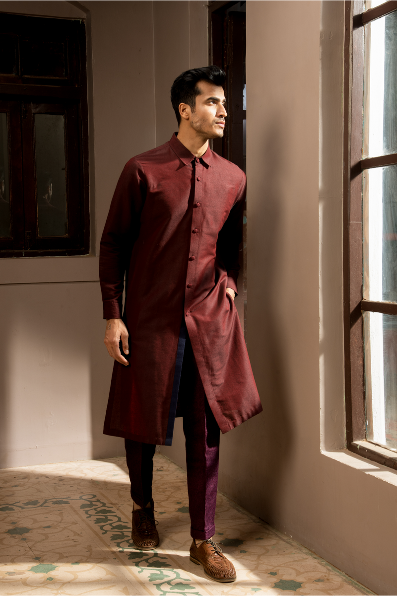 Wine textured waistcoat with long shirt kurta and pleated trousers - Kunal Anil Tanna