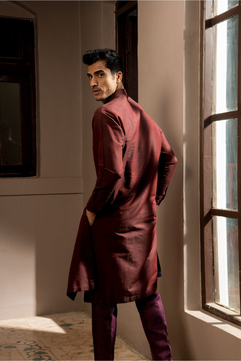 Wine textured waistcoat with long shirt kurta and pleated trousers - Kunal Anil Tanna