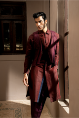 Wine textured waistcoat with long shirt kurta and pleated trousers - Kunal Anil Tanna