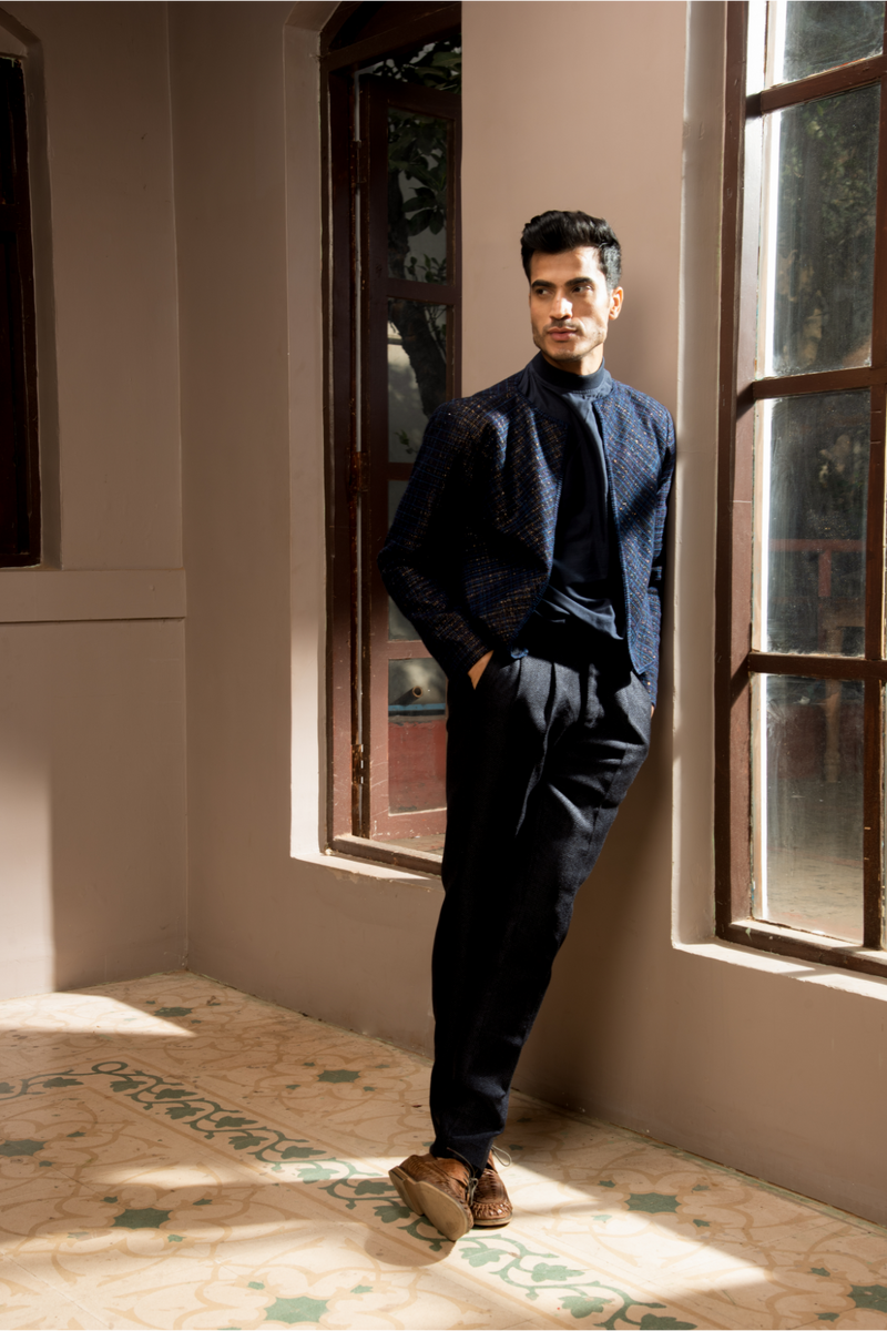 Dark blue textured jacket with pullover and pleated trousers - Kunal Anil Tanna