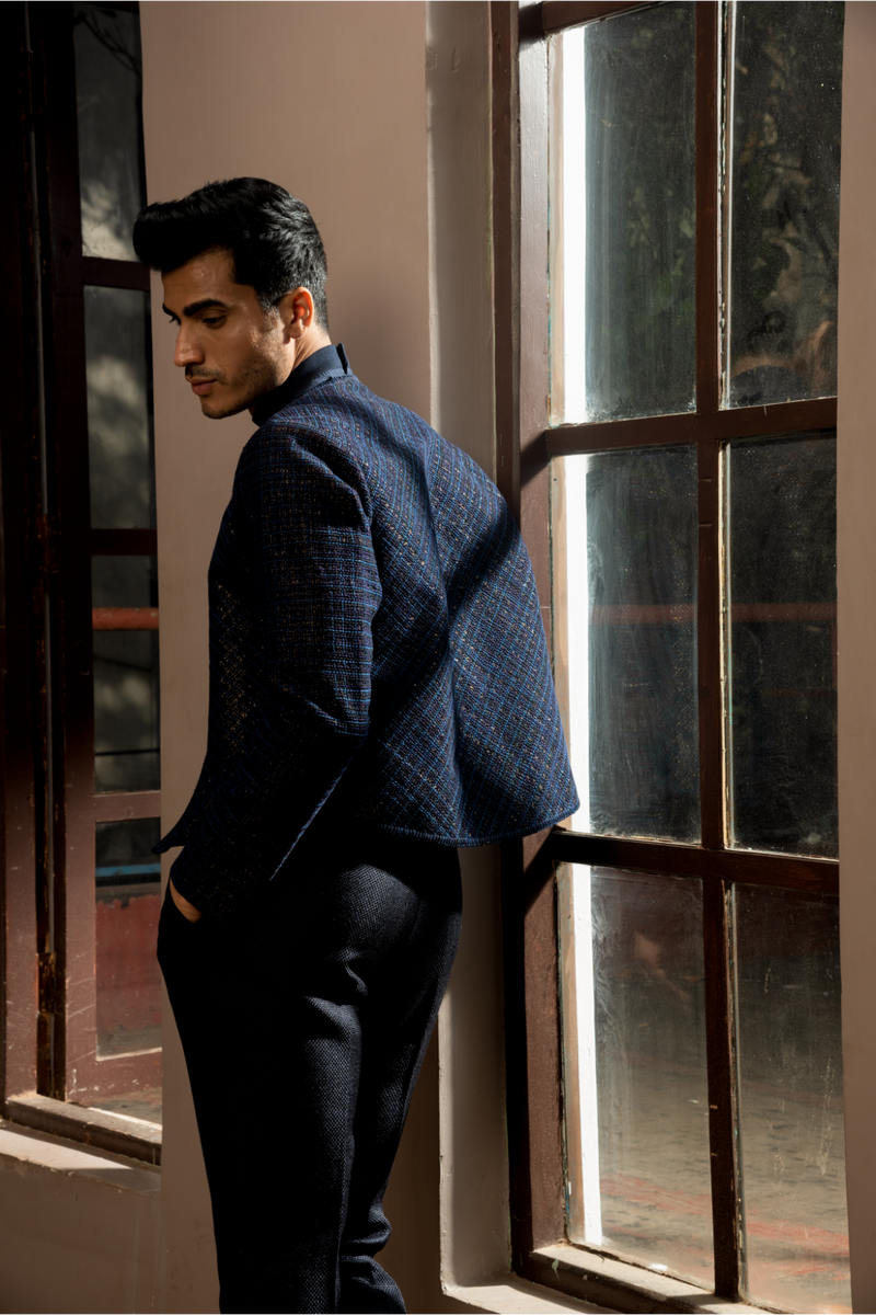 Dark blue textured jacket with pullover and pleated trousers - Kunal Anil Tanna