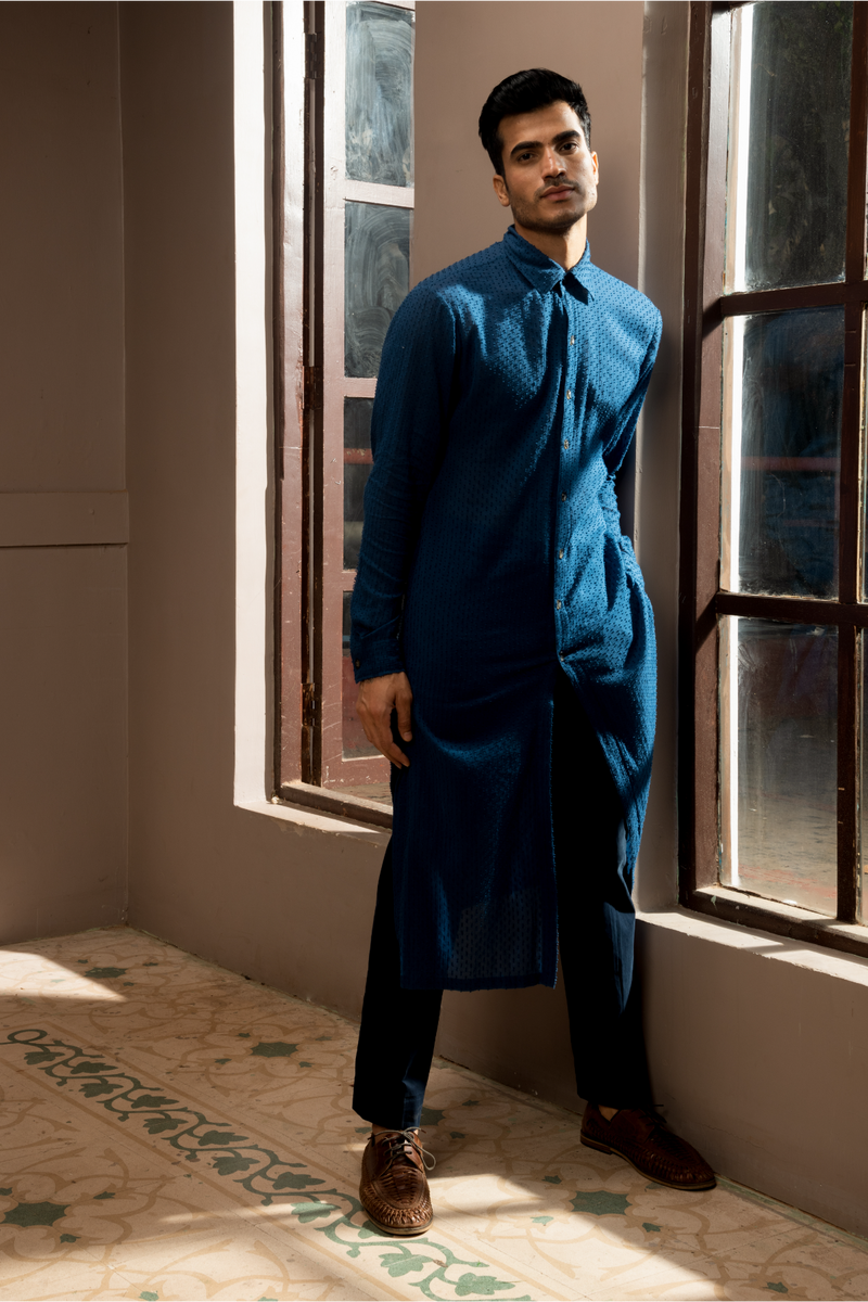 Dark blue textured sherwani with blue long kurta and pleated trousers - Kunal Anil Tanna