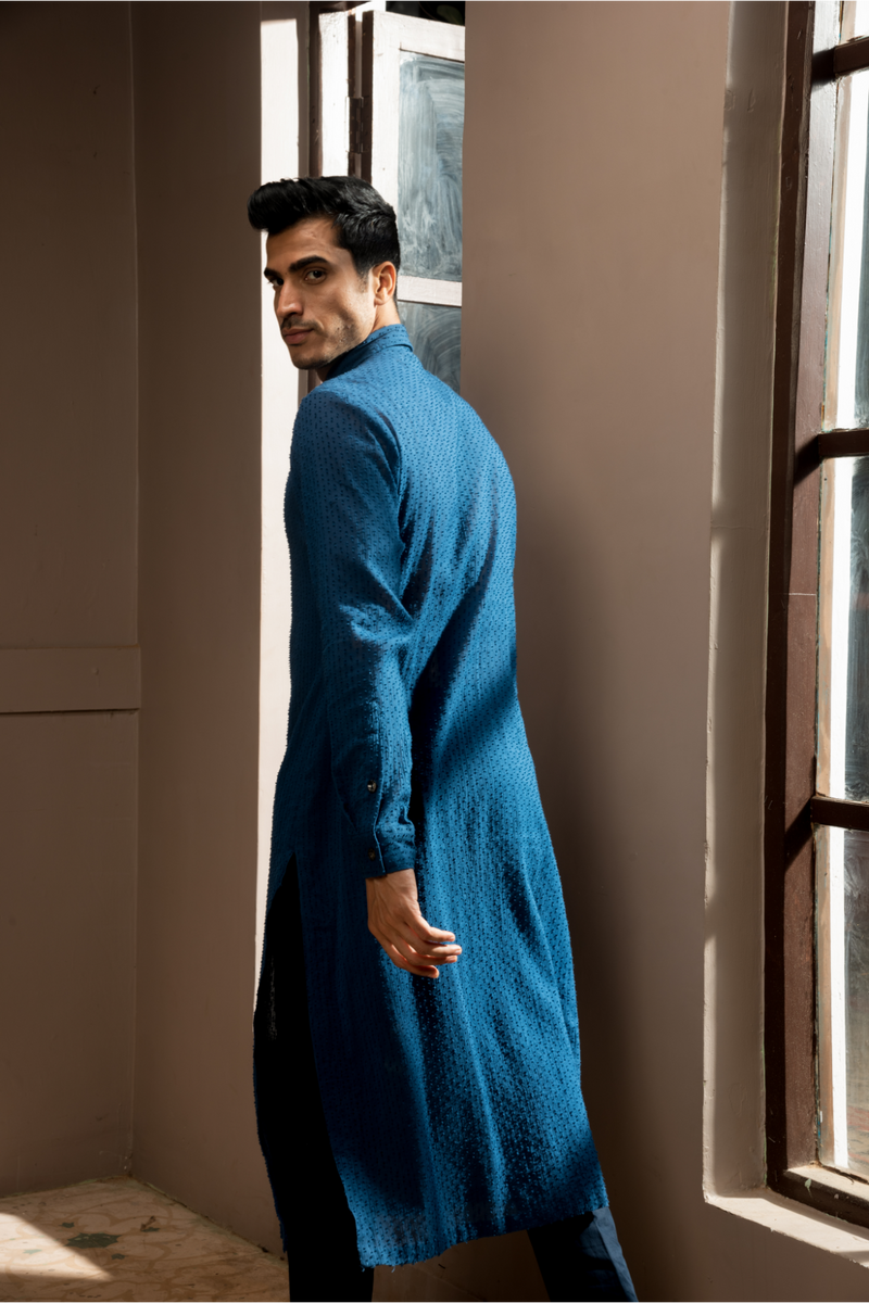 Dark blue textured sherwani with blue long kurta and pleated trousers - Kunal Anil Tanna