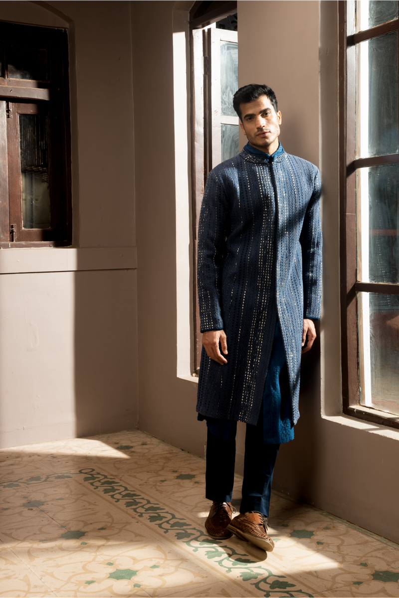 Dark blue textured sherwani with blue long kurta and pleated trousers - Kunal Anil Tanna