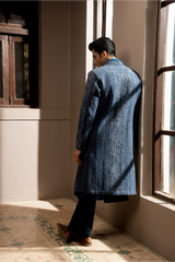 Dark blue textured sherwani with blue long kurta and pleated trousers - Kunal Anil Tanna