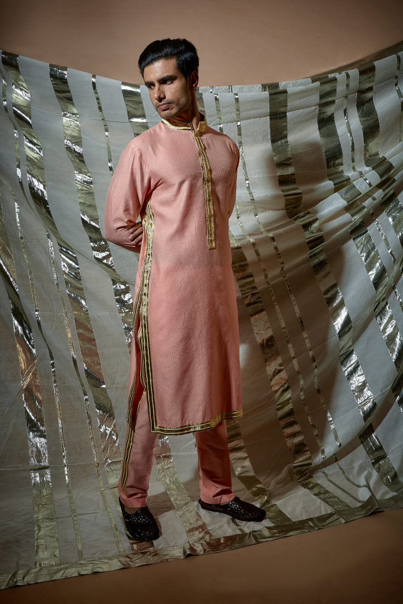 Peach zari textured kurta set - Kunal Anil Tanna