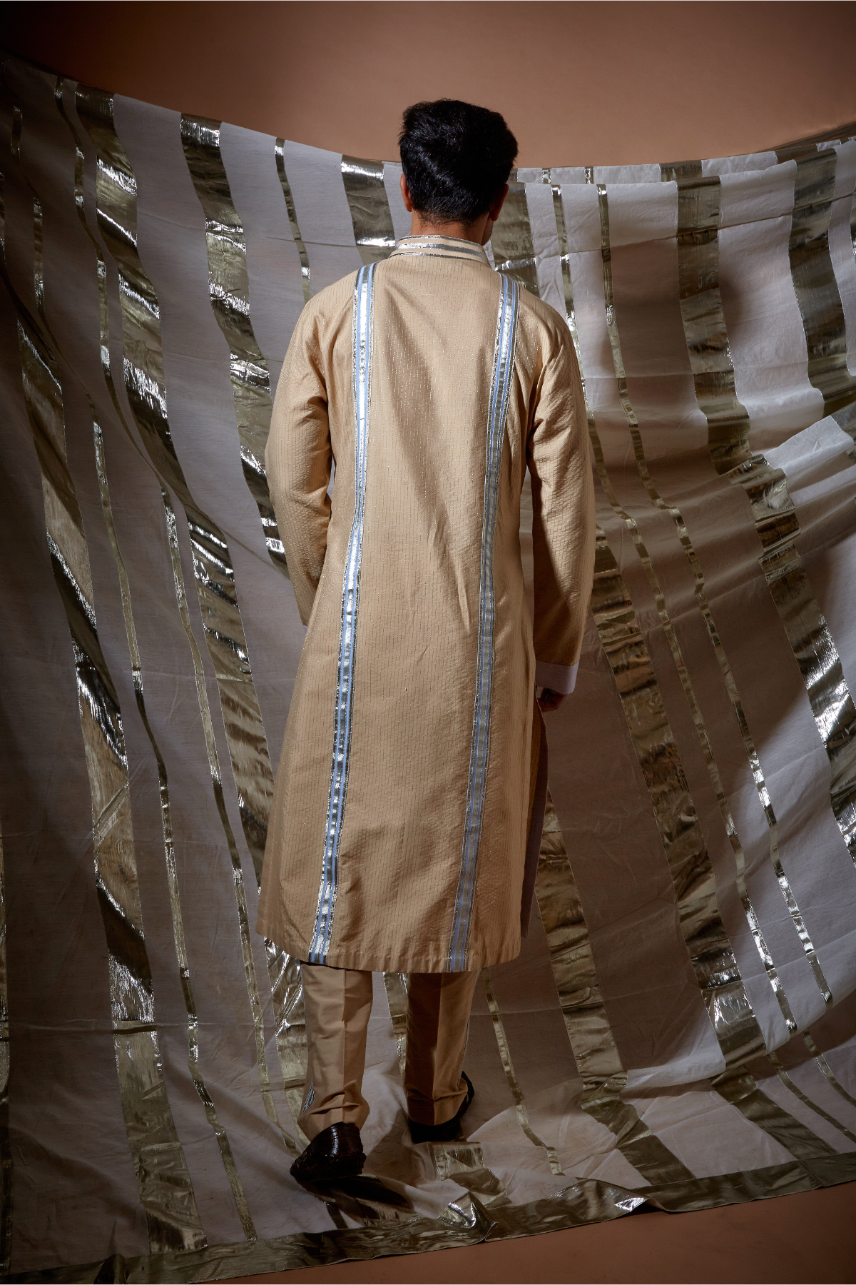 Beige zari textured with blue patch detail kurta set - Kunal Anil Tanna