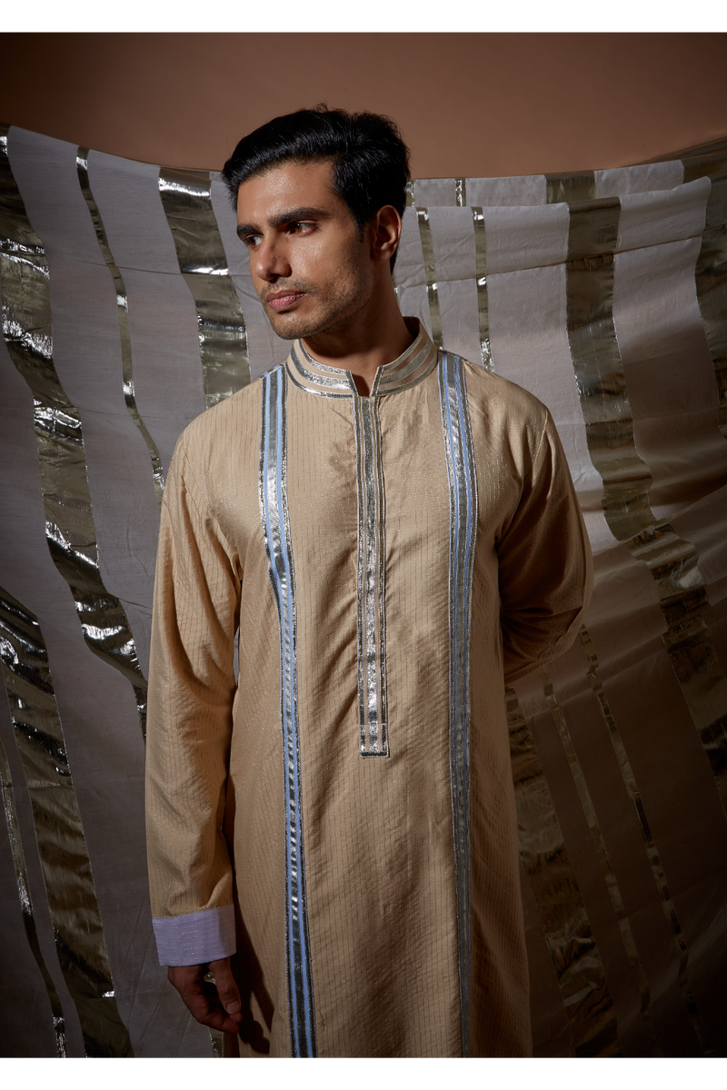 Beige zari textured with blue patch detail kurta set - Kunal Anil Tanna