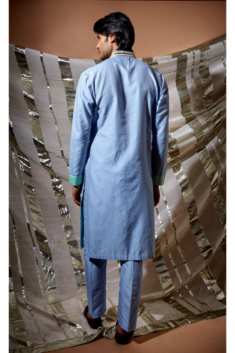 Blue zari textured with green patch detail kurta set - Kunal Anil Tanna