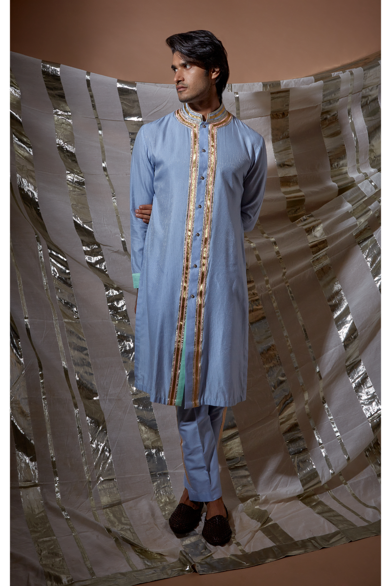 Blue zari textured with green patch detail kurta set - Kunal Anil Tanna