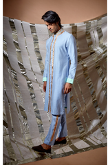 Blue zari textured with green patch detail kurta set - Kunal Anil Tanna