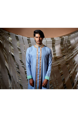 Blue zari textured with green patch detail kurta set - Kunal Anil Tanna