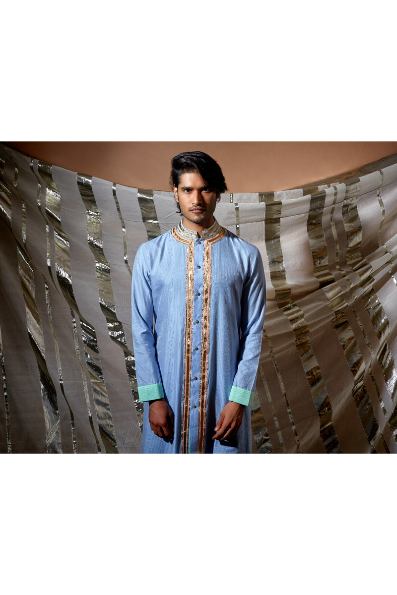 Blue zari textured with green patch detail kurta set - Kunal Anil Tanna