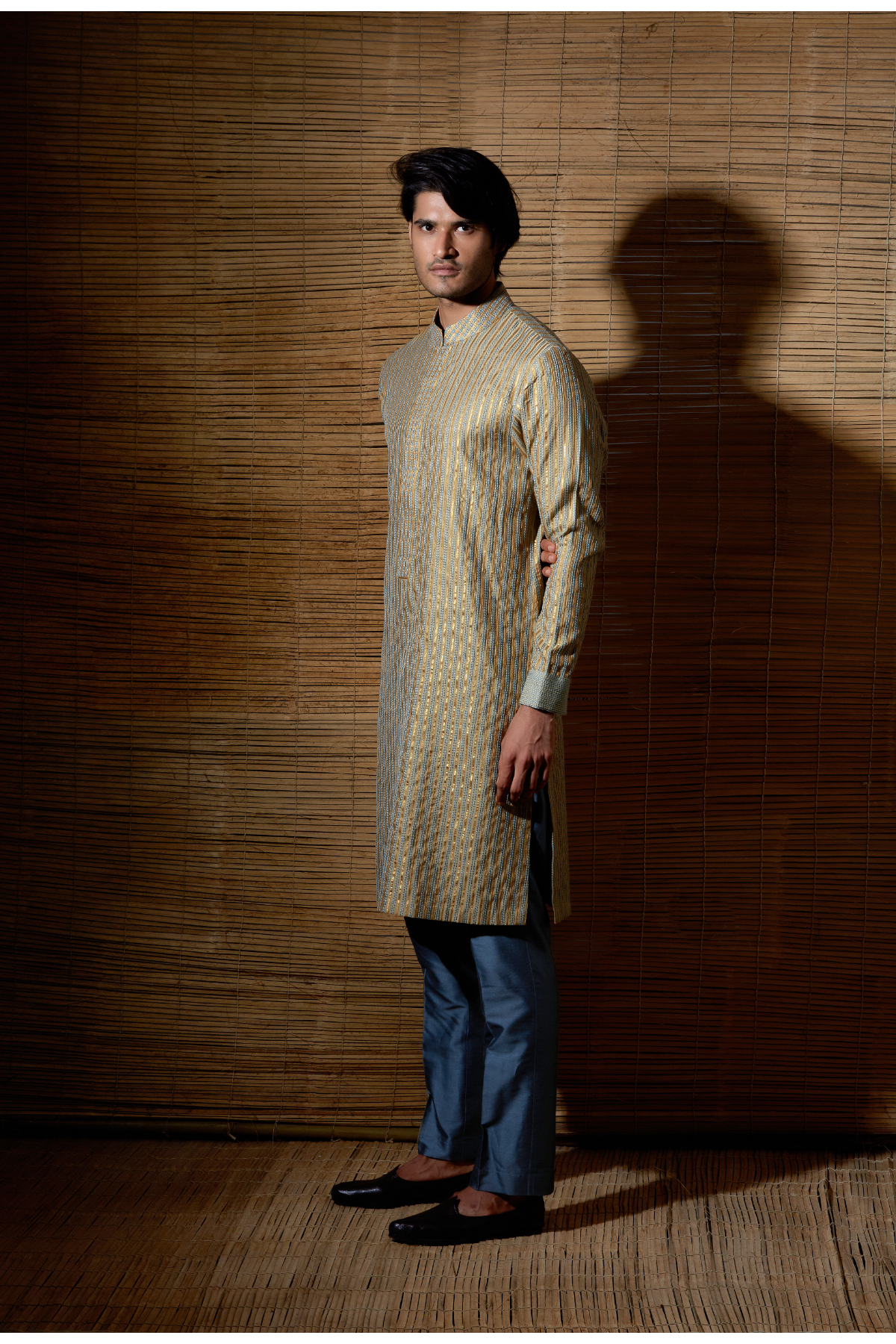 Beige grey thread and gotta textured kurta set - Kunal Anil Tanna