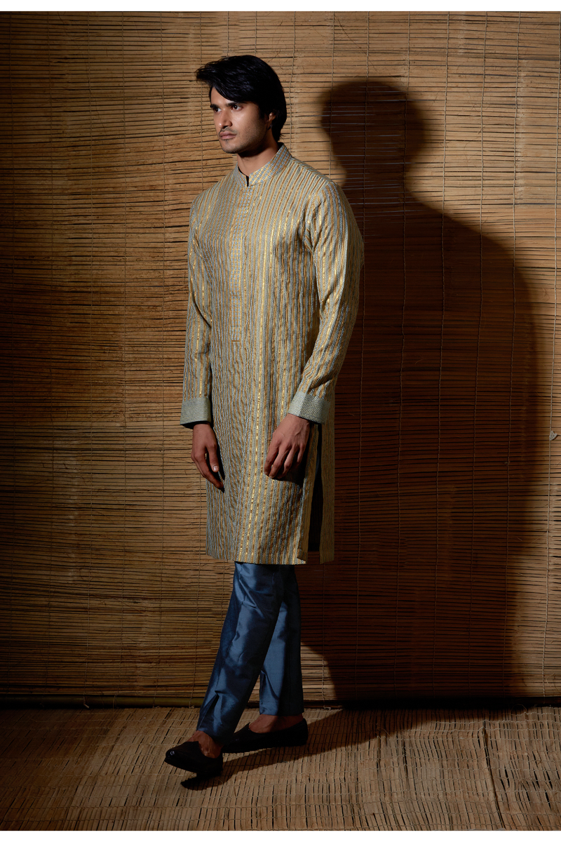 Beige grey thread and gotta textured kurta set - Kunal Anil Tanna