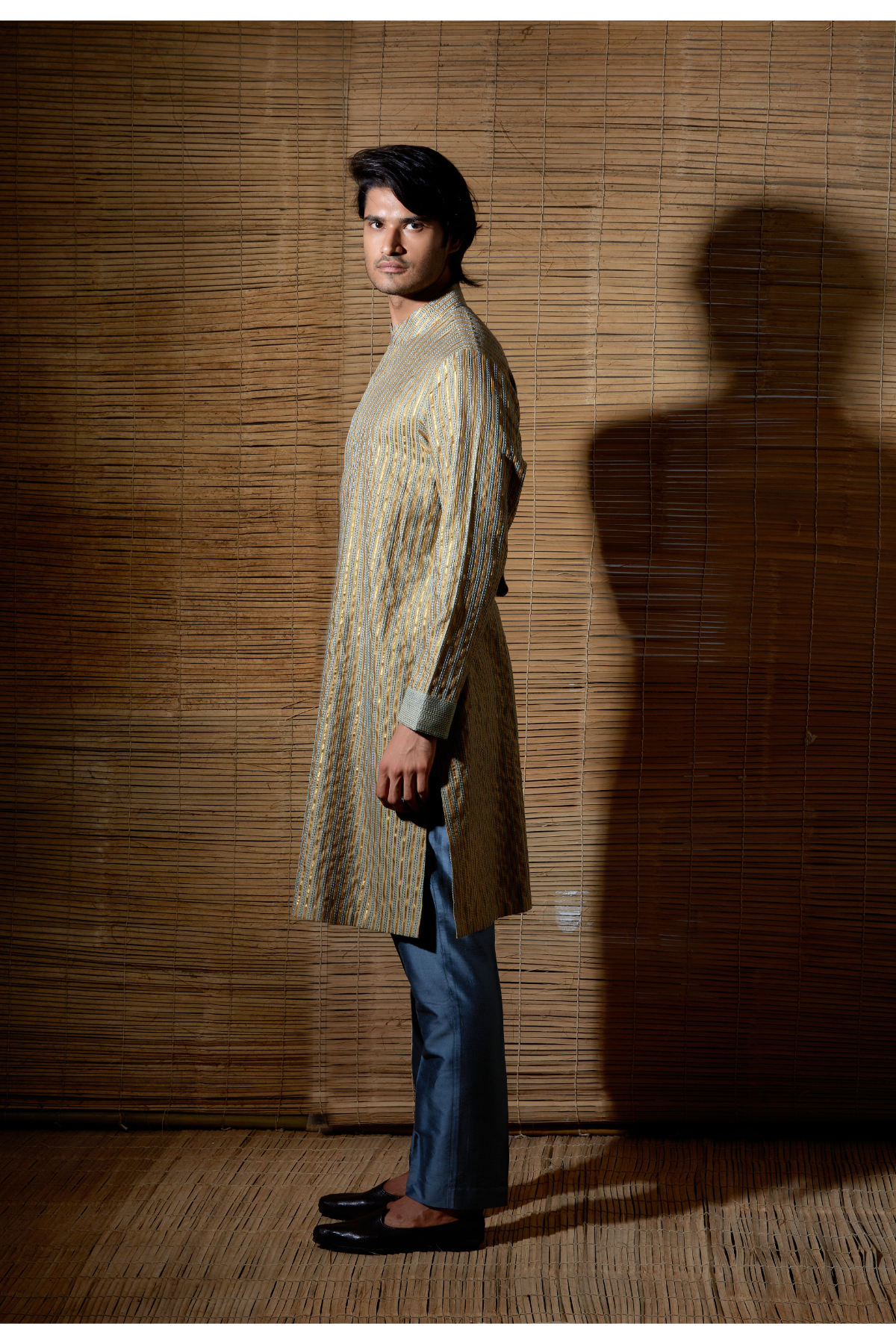 Beige grey thread and gotta textured kurta set - Kunal Anil Tanna