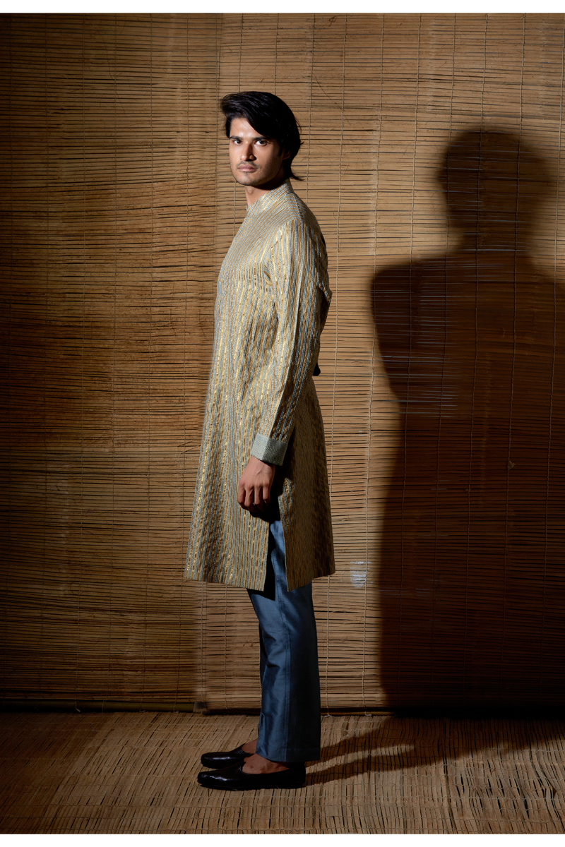 Beige grey thread and gotta textured kurta set - Kunal Anil Tanna