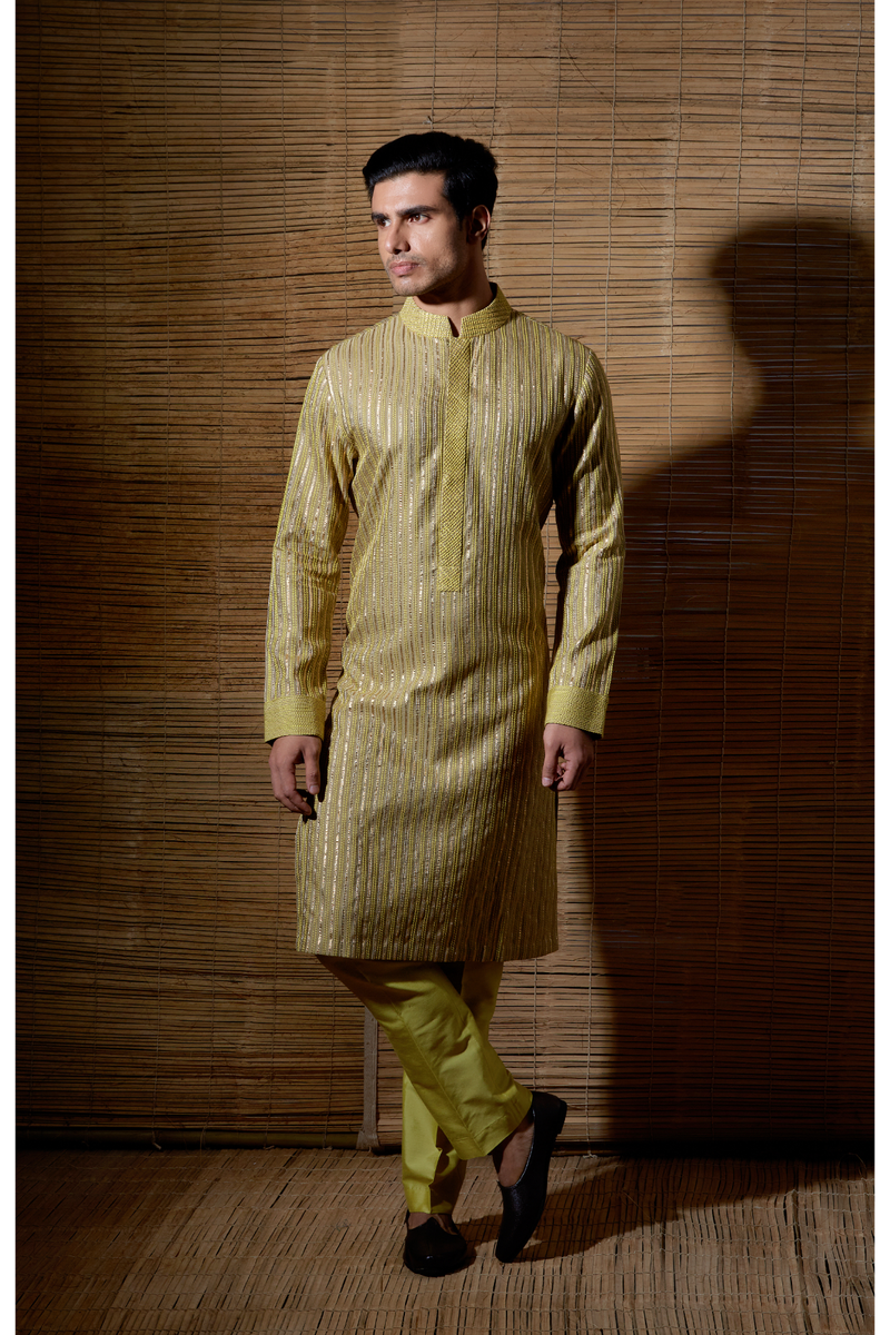 Beige green thread and gotta textured kurta set - Kunal Anil Tanna