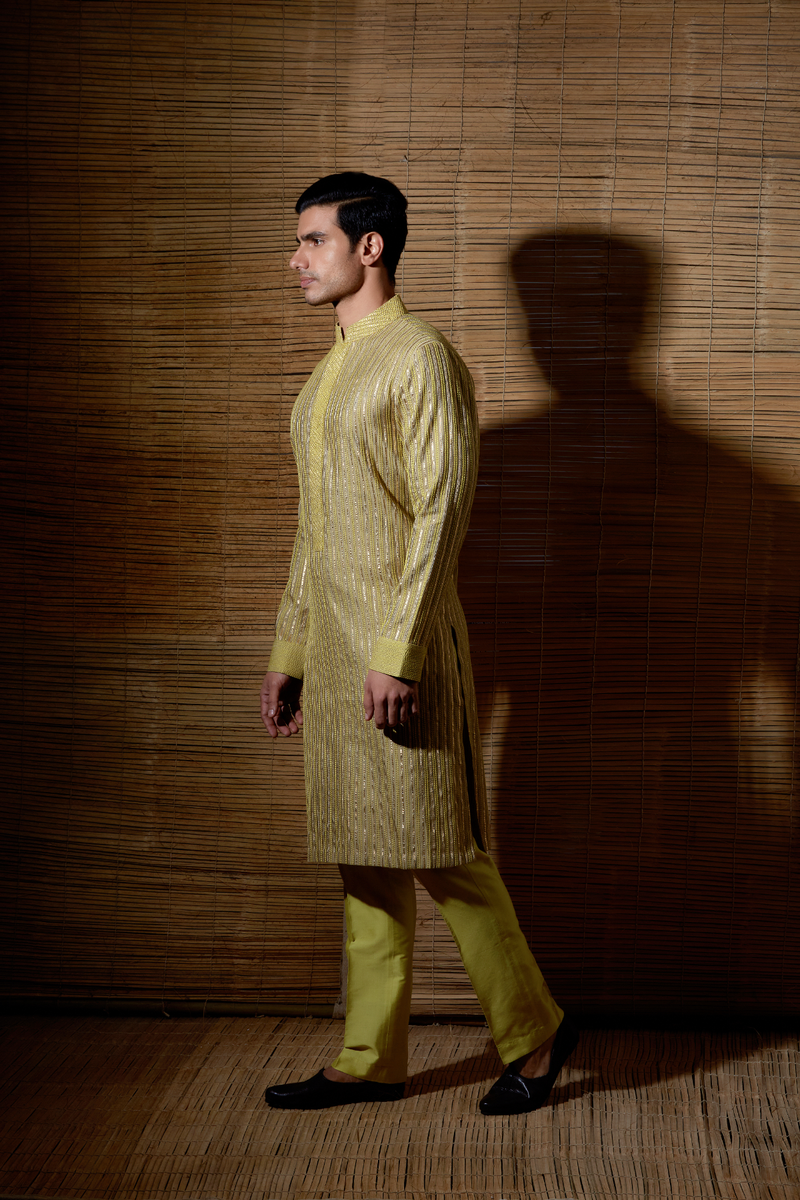 Beige green thread and gotta textured kurta set - Kunal Anil Tanna