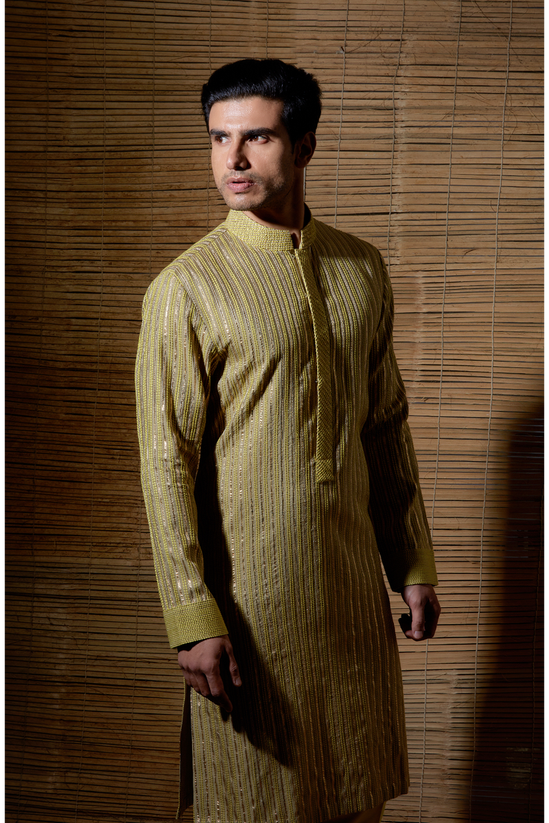 Beige green thread and gotta textured kurta set - Kunal Anil Tanna