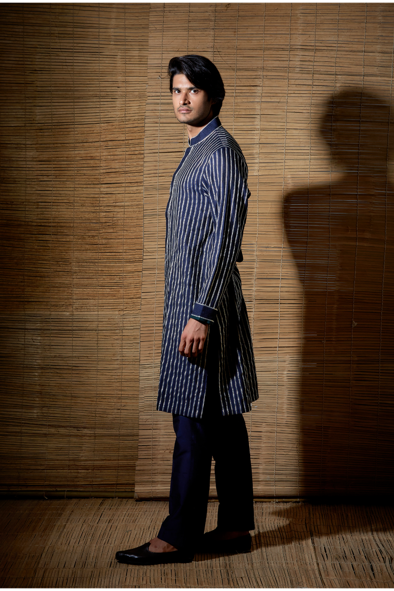 Dark blue gotta textured kurta set - Kunal Anil Tanna