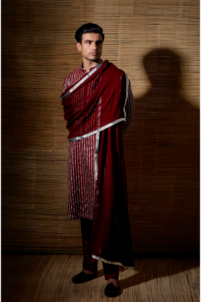 Maroon gotta textured kurta set - Kunal Anil Tanna