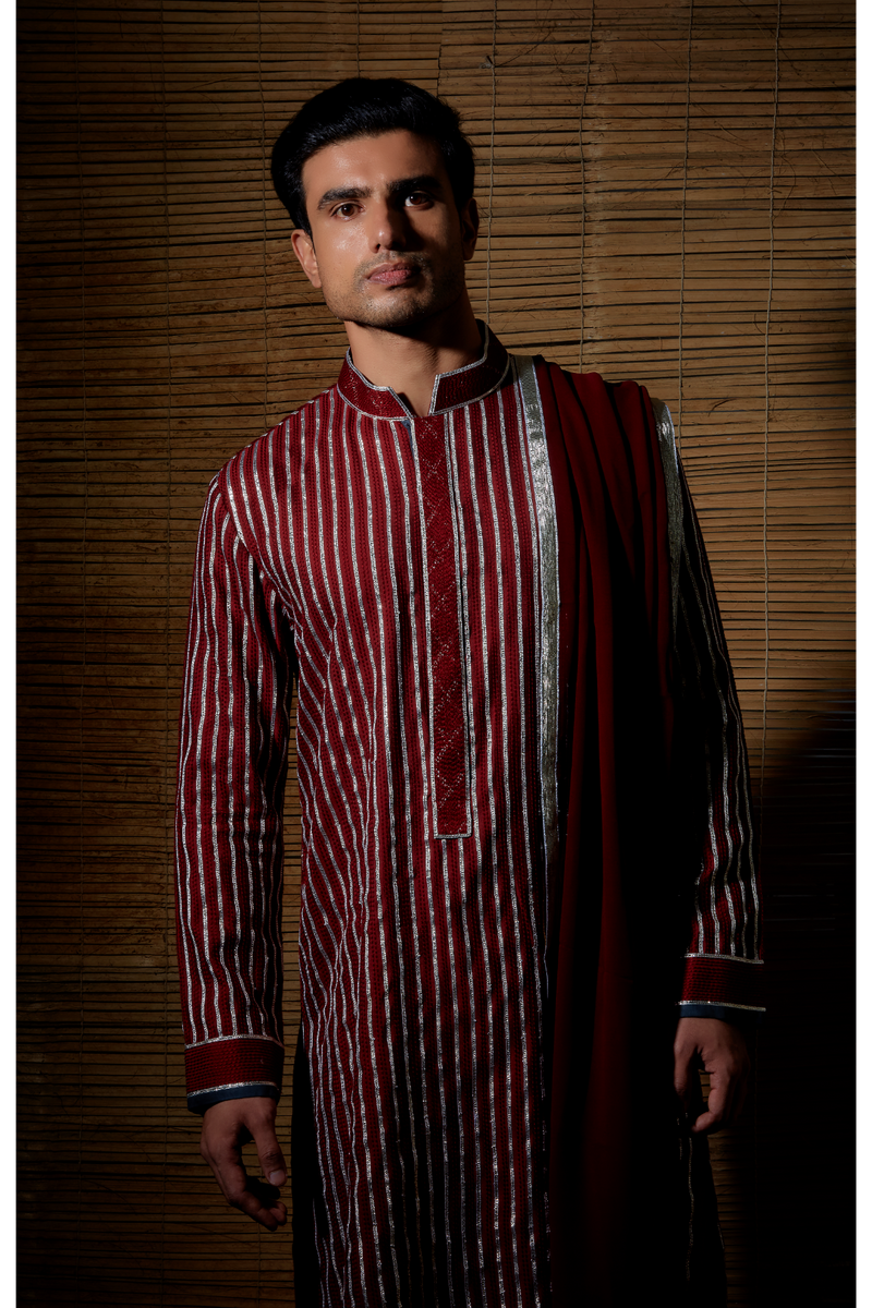 Maroon gotta textured kurta set - Kunal Anil Tanna