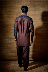 Brown textured kurta with dark blue patch detail paired with brown salwar - Kunal Anil Tanna