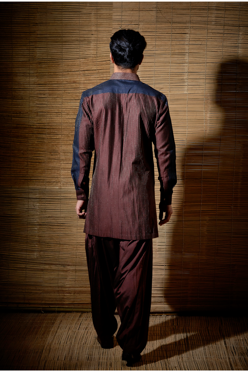 Brown textured kurta with dark blue patch detail paired with brown salwar - Kunal Anil Tanna