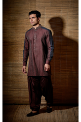 Brown textured kurta with dark blue patch detail paired with brown salwar - Kunal Anil Tanna