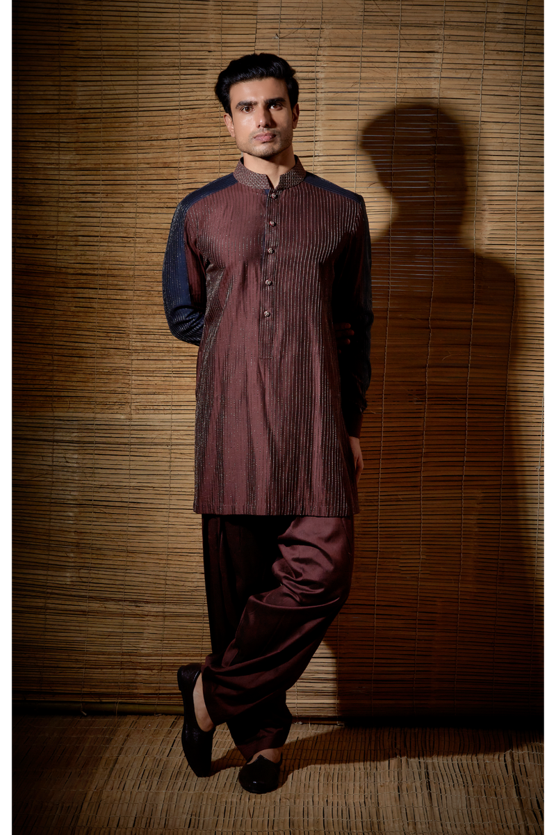 Brown textured kurta with dark blue patch detail paired with brown salwar - Kunal Anil Tanna