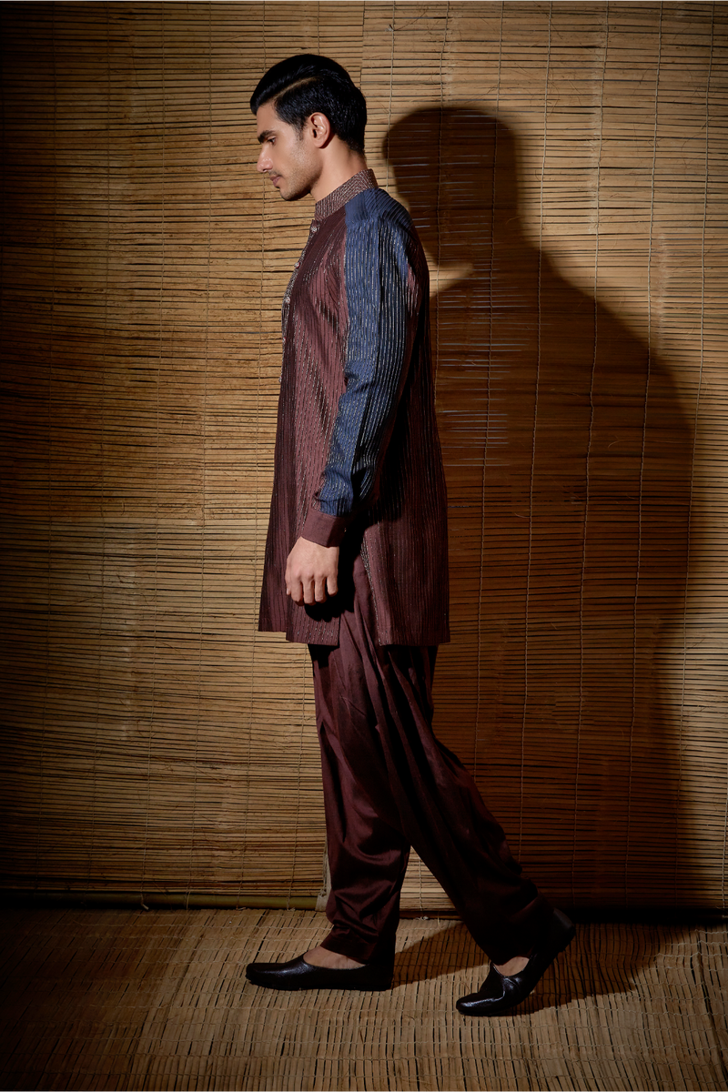 Brown textured kurta with dark blue patch detail paired with brown salwar - Kunal Anil Tanna