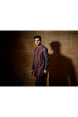 Brown textured kurta with dark blue patch detail paired with brown salwar - Kunal Anil Tanna