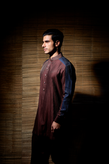 Brown textured kurta with dark blue patch detail paired with brown salwar - Kunal Anil Tanna