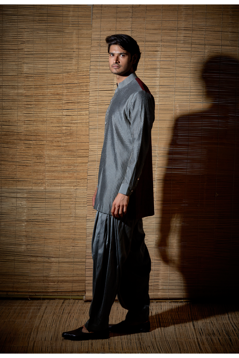 Grey textured kurta with maroon back paired with salwar - Kunal Anil Tanna