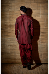 Maroon textured kurta with brown detail paired with salwar - Kunal Anil Tanna