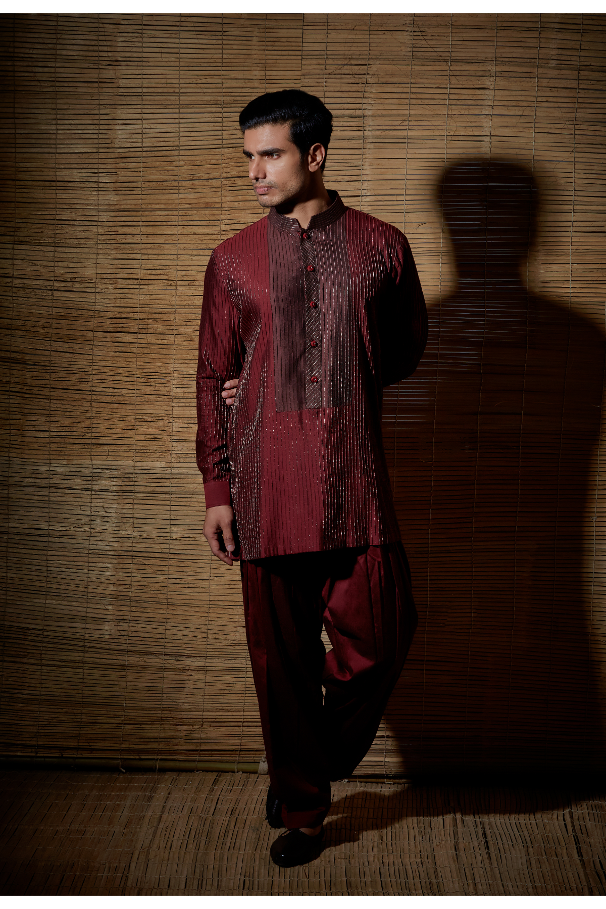 Maroon textured kurta with brown detail paired with salwar - Kunal Anil Tanna