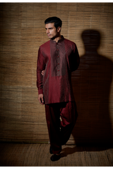 Maroon textured kurta with brown detail paired with salwar - Kunal Anil Tanna