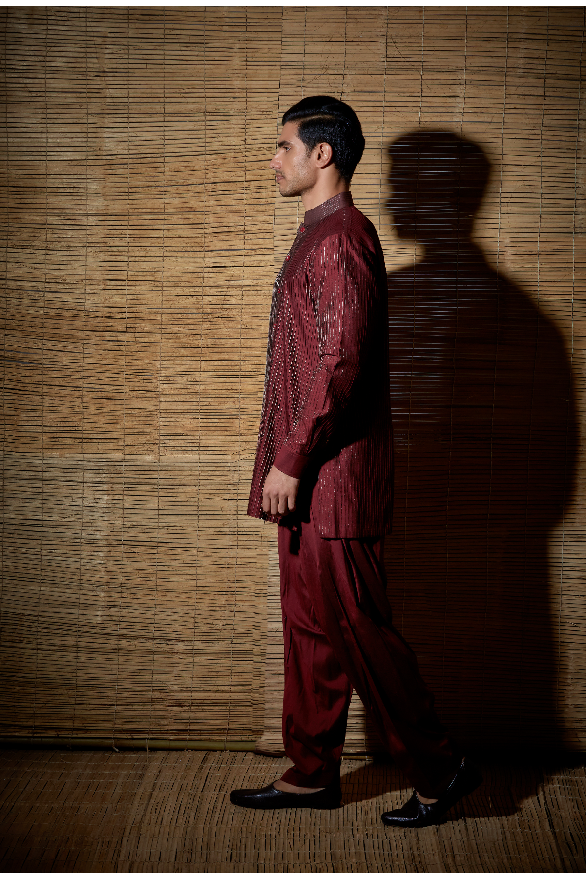 Maroon textured kurta with brown detail paired with salwar - Kunal Anil Tanna