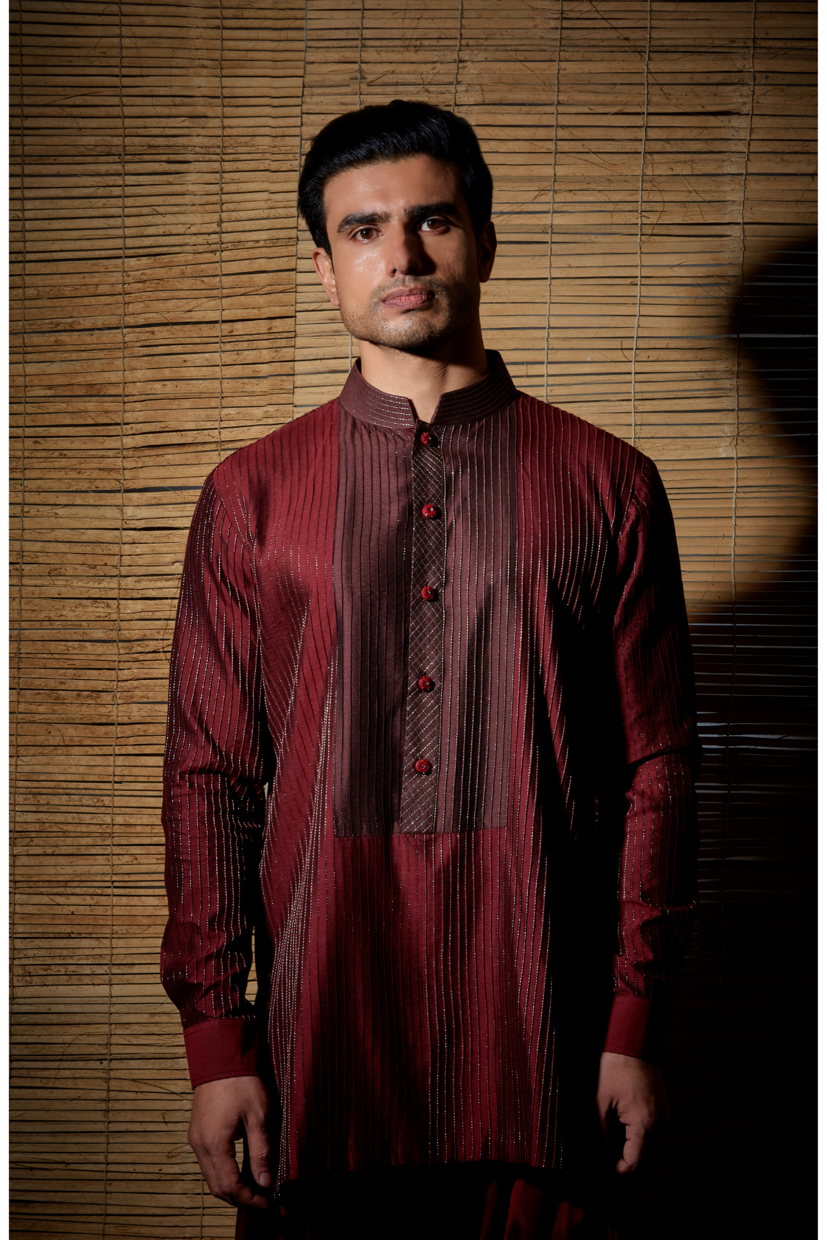Maroon textured kurta with brown detail paired with salwar - Kunal Anil Tanna
