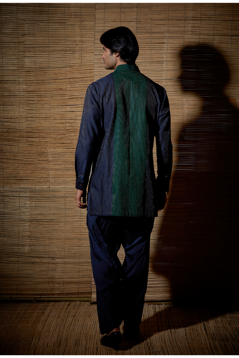 Dark blue textured kurta with dark green detail paired with salwar - Kunal Anil Tanna