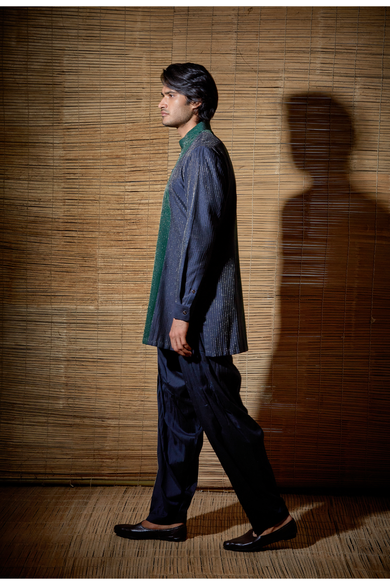 Dark blue textured kurta with dark green detail paired with salwar - Kunal Anil Tanna